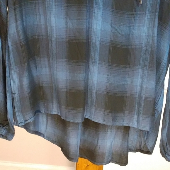 Philosophy Boho Long Bishop Sleeves Black Blue Plaid Top Blouse Size M Front Tie - Picture 9 of 12